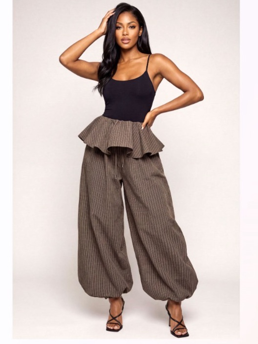 NOW BACK IN STOCK Women's Brown High-Waist Ruffle Peplum Pants